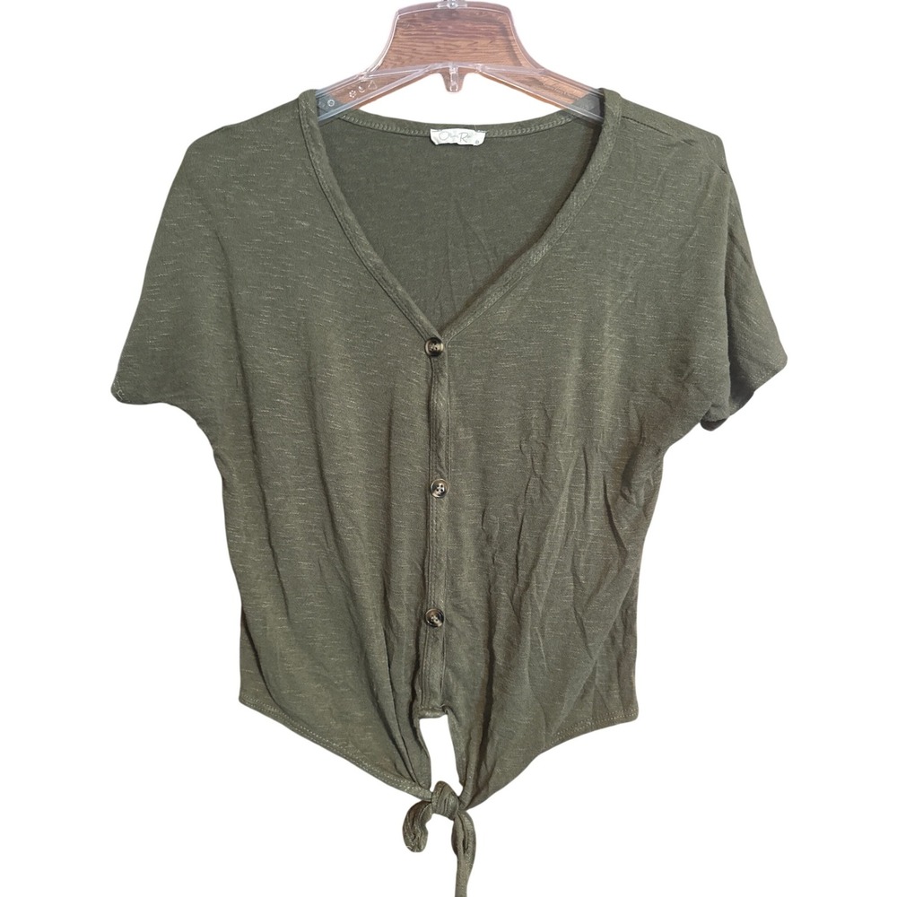 Olivia Rae Button Front Tie Hem Top Womens Small Olive Green
